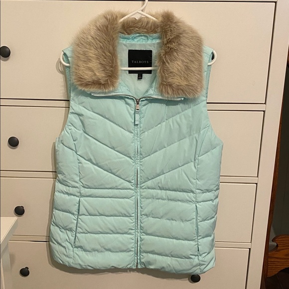 Talbots Jackets & Blazers - Talbots Aqua Down Puffer Vest with Removable Faux Fur Collar